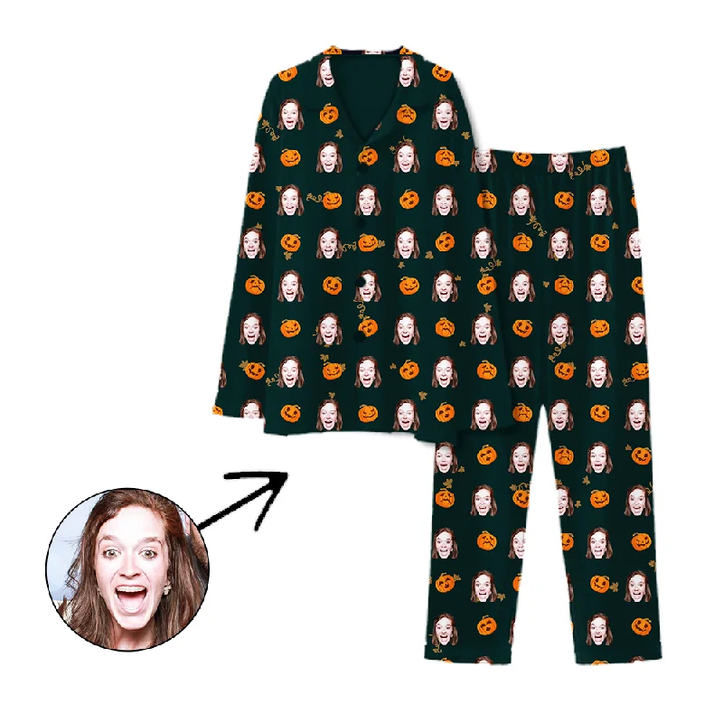 Comfortable mother and kid same suit for rest days-Personalised Pyjamas Halloween Pumpkin Dark Green