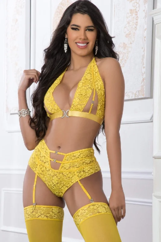 Lace lingerie sets for evening date night-L2125 - 3pc High Waist Garter Laced Panty & Halter