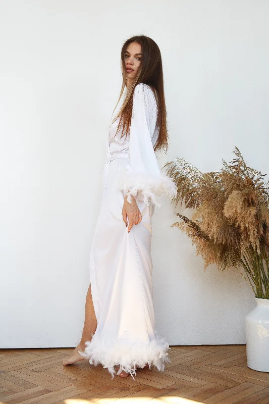 Women's robes with elegant trim-Feather trim bridal robe as bachelorette party dressing gown