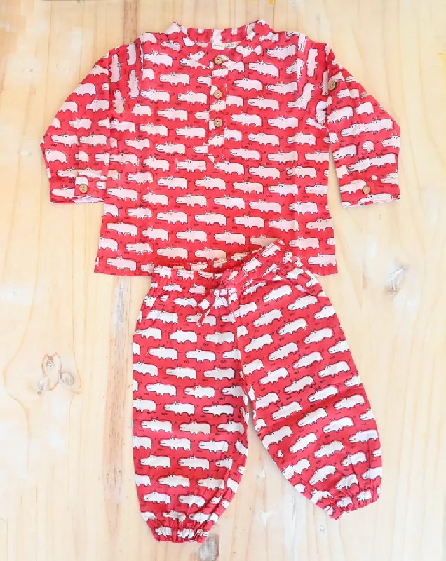 Comfortable matching mother and kid same suit for travel days-Happy Hippos Cotton Kurta Pyjama Set for Kids