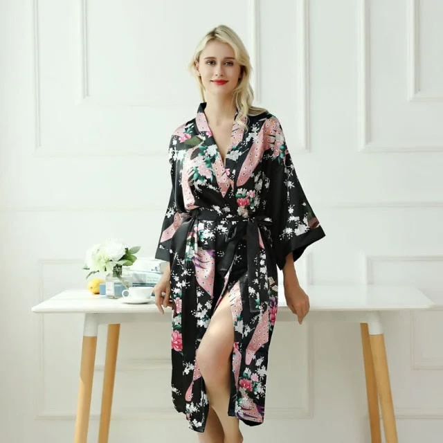 Cozy women's robes with plush material-Black Peacock Kimono | Long