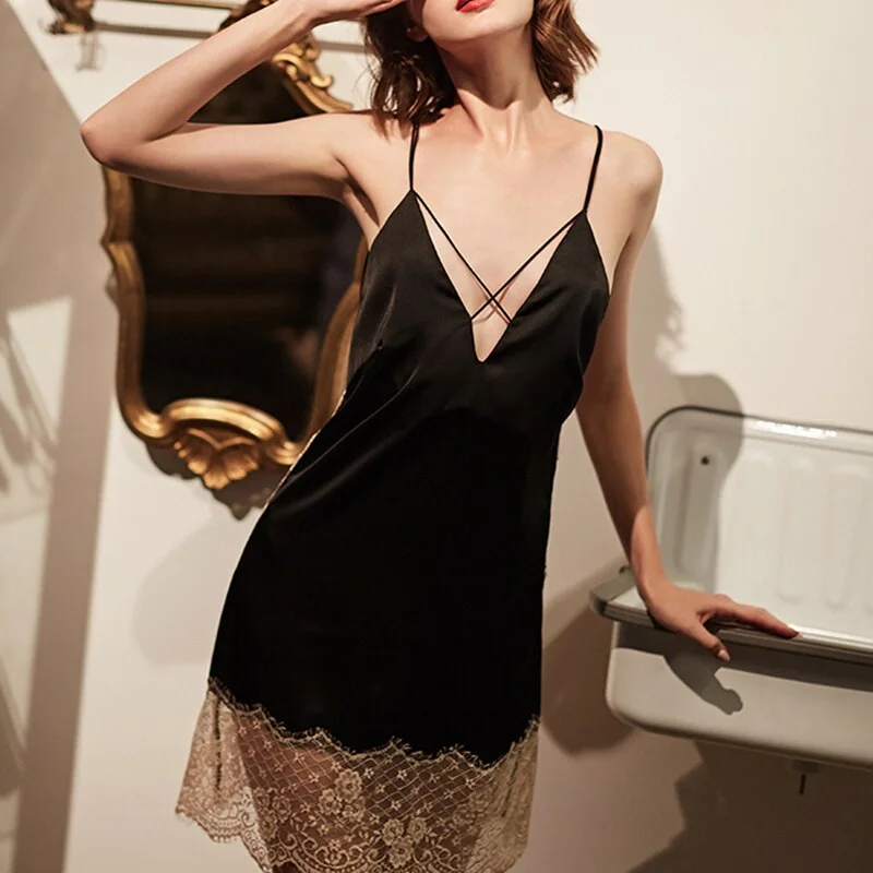 Women's sexy nightwear for warm, cozy nights-Satin & Backless Lace Sling Nightgown