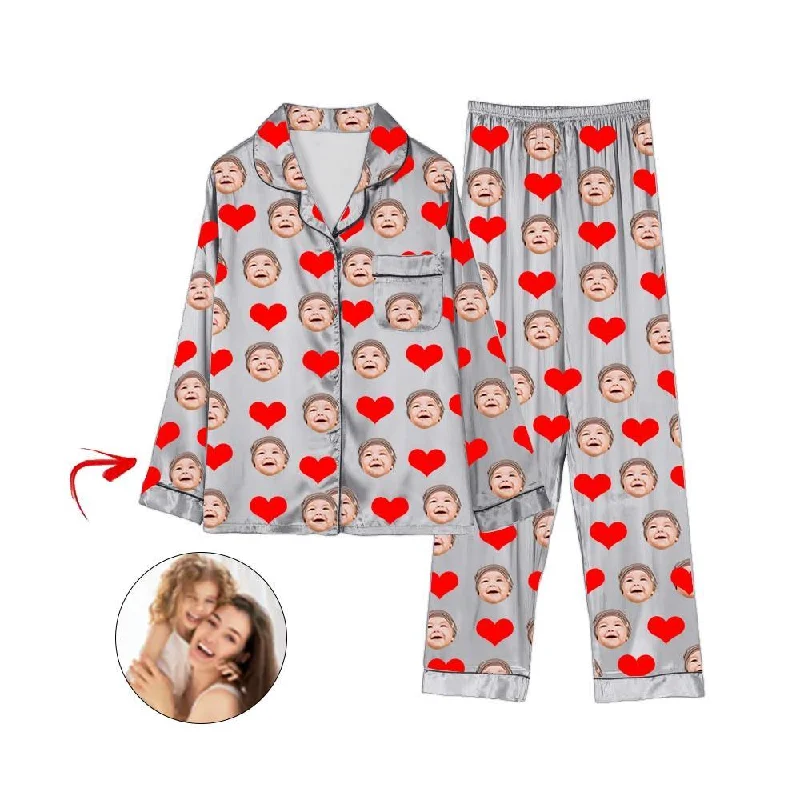 Matching mother and kid same suit for trips to the zoo-Custom Photo Satin Pajamas Heart I Love My Baby Grey