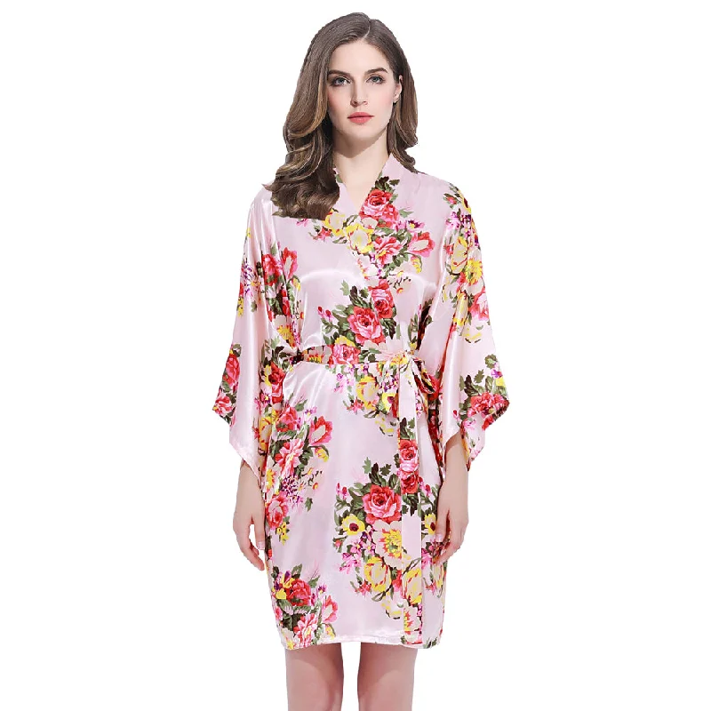 Elegant robes for women with satin sheen-Blush Floral Bridesmaid Robes Kimono