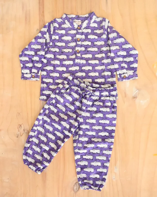Stylish mother and kid same suit for vacations-Happy Hippos Purple Cotton Kurta Pyjama Set for Kids