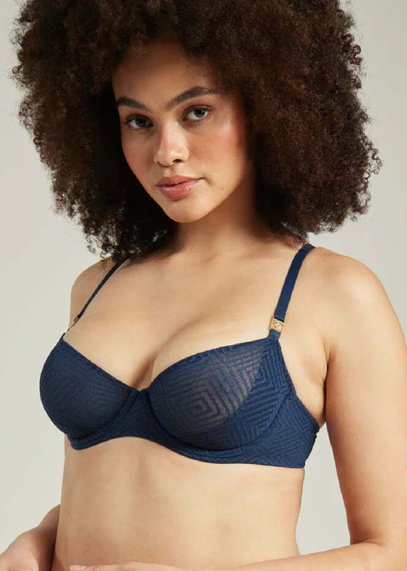 Lingerie sets for perfect curves-The Sheer Deco Lift Balcony Bra Navy Up to GG Cup