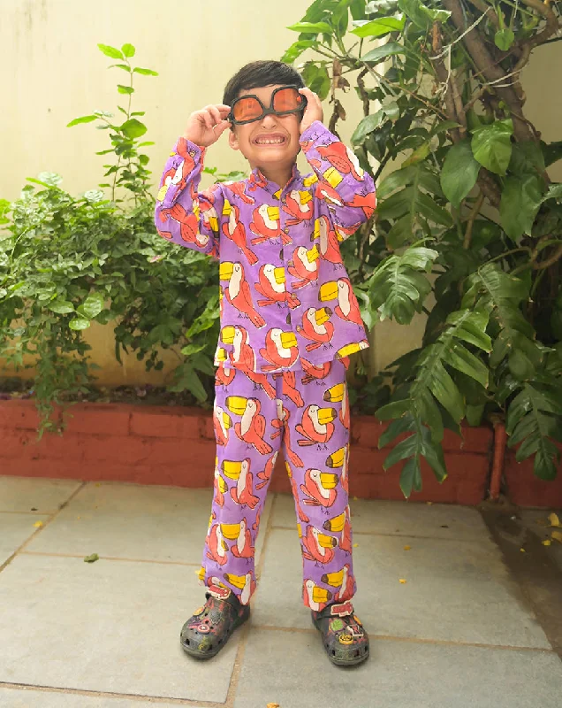 Matching mother and kid same suit for family picnics-Toucan Cotton Shirt Pyjama Set for Kids Matching mother and kid same suit for family picnics-Toucan Cotton Shirt Pyjama Set for Kids