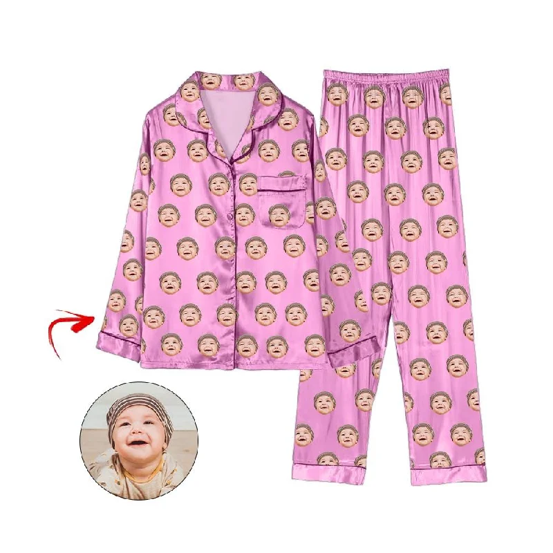 Soft fabric mother and kid same suit for comfort-Custom Photo Satin Pajamas I Love My Baby Pink