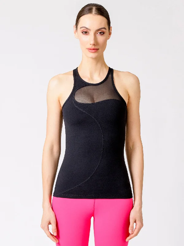 spring pastel camisoles outfits-WAVE MESH TANK, BLACK/BLACK MESH
