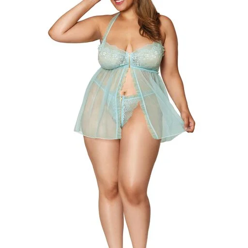 Comfortable women's sexy nightwear for every night-Stretch lace and mesh babydoll and matching G-string set