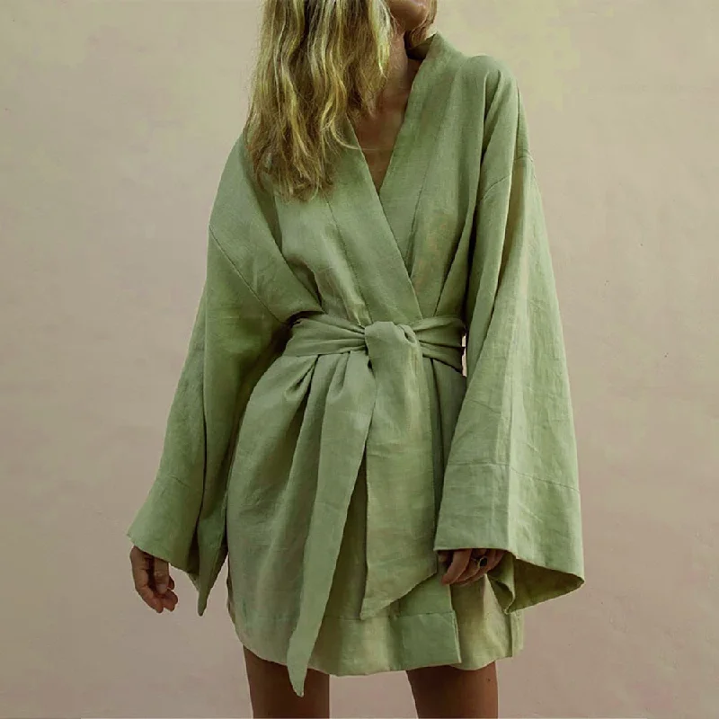 Women's robes with belt for adjustability-Lace Up Women's V-Neck Kimono Cardigan Mini Dress Cotton Linen Long Sleeve Sashes Dresse Robe Style Summer Loose Vestidos
