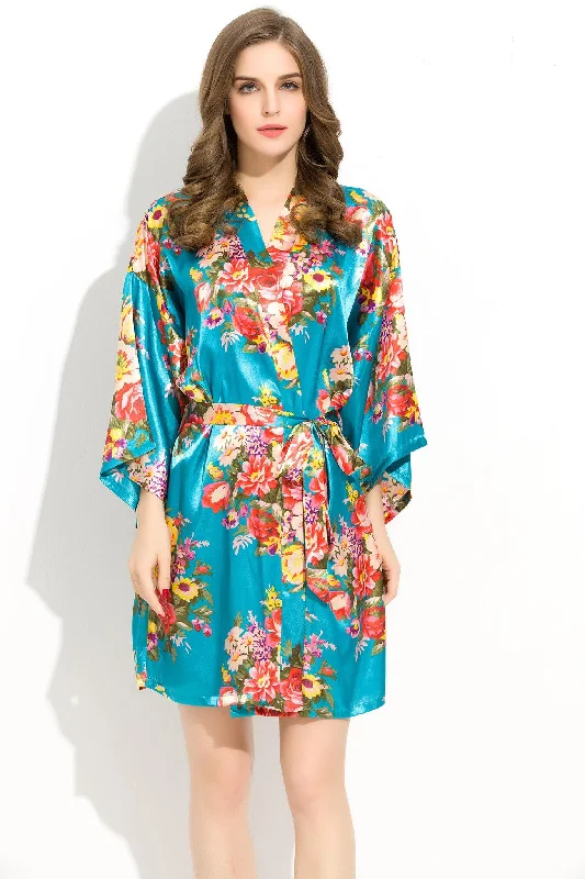 Comfortable robes for lounging at home-Turquoise Floral Bridesmaid Robes Kimono