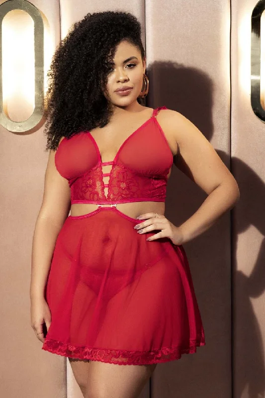 Sexy lingerie for honeymoon nights-Mapale 7386X Two in One Babydoll and Two Piece Set Color Red