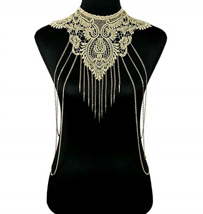 Nipple covers for smoothing and shaping-Gold Flower Lace Fine Chain Body Chain Bikini