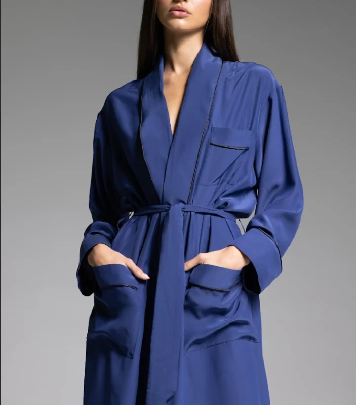 Women's robes for relaxing around the house-ROBE - Mediterranean Blue with Black Piping