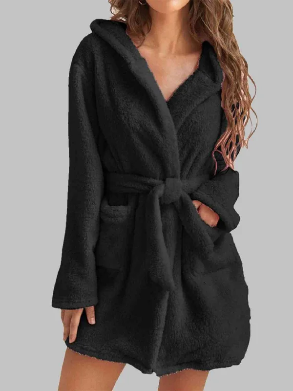 Women's robes with matching slippers-Tie Waist Hooded Robe