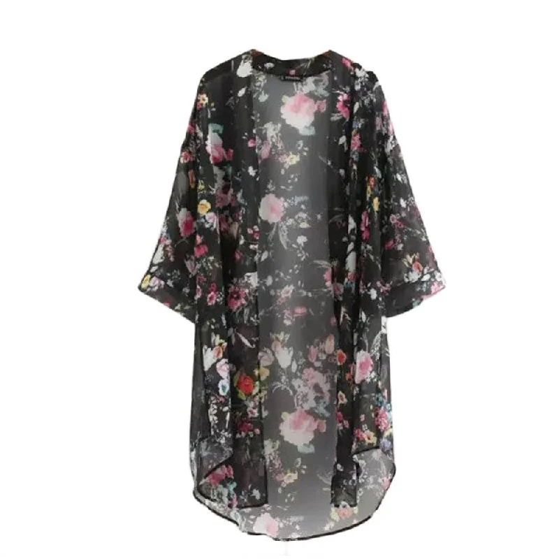 Trendy women's robes for home wear-Floral Chiffon Kimono