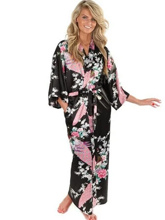 Women's robes with silk material for a smooth feel-Brand New Black Women Silk Kimono Robes Long Sexy Nightgown Vintage Printed Night Gown Flower Plus Size S M L XL XXL XXXL A-045
