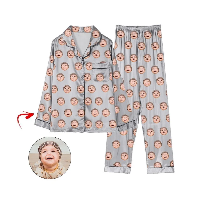 Trendy mother and kid same suit for outings-Custom Photo Satin Pajamas I Love My Baby Grey