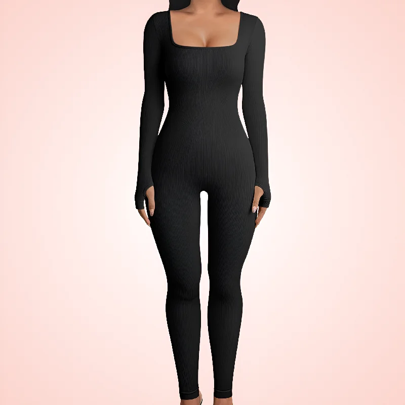 Bras for support during recovery phase-Seamless Square Neck Long Sleeve Shaping Jumpsuit with Built In Bra