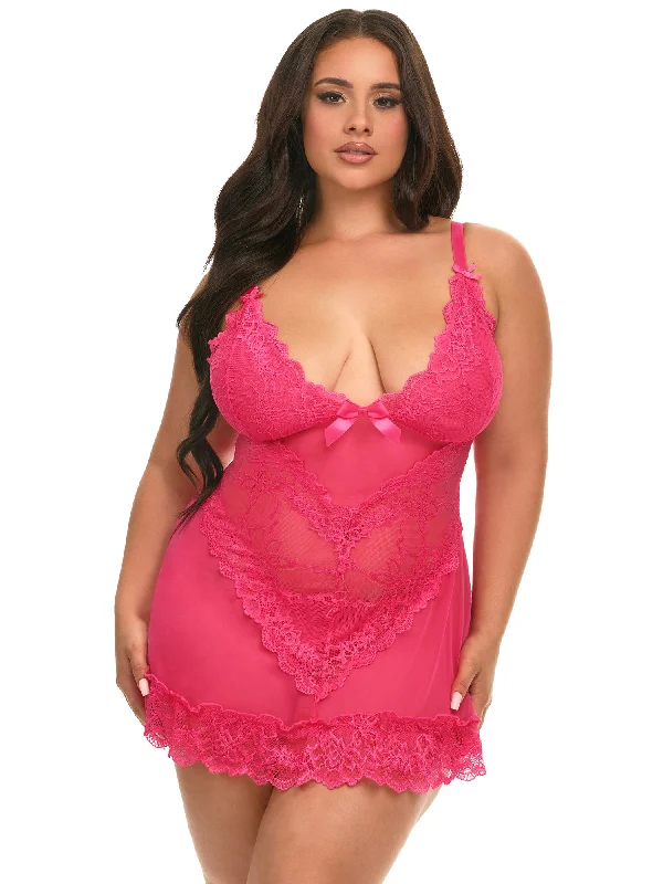 Cozy women's sexy nightwear for relaxed evenings-Valentine Soft Cup Lacey Plus Size Babydoll With Bows And G-string Panty Cozy women's sexy nightwear for relaxed evenings-Valentine Soft Cup Lacey Plus Size Babydoll With Bows And G-string Panty