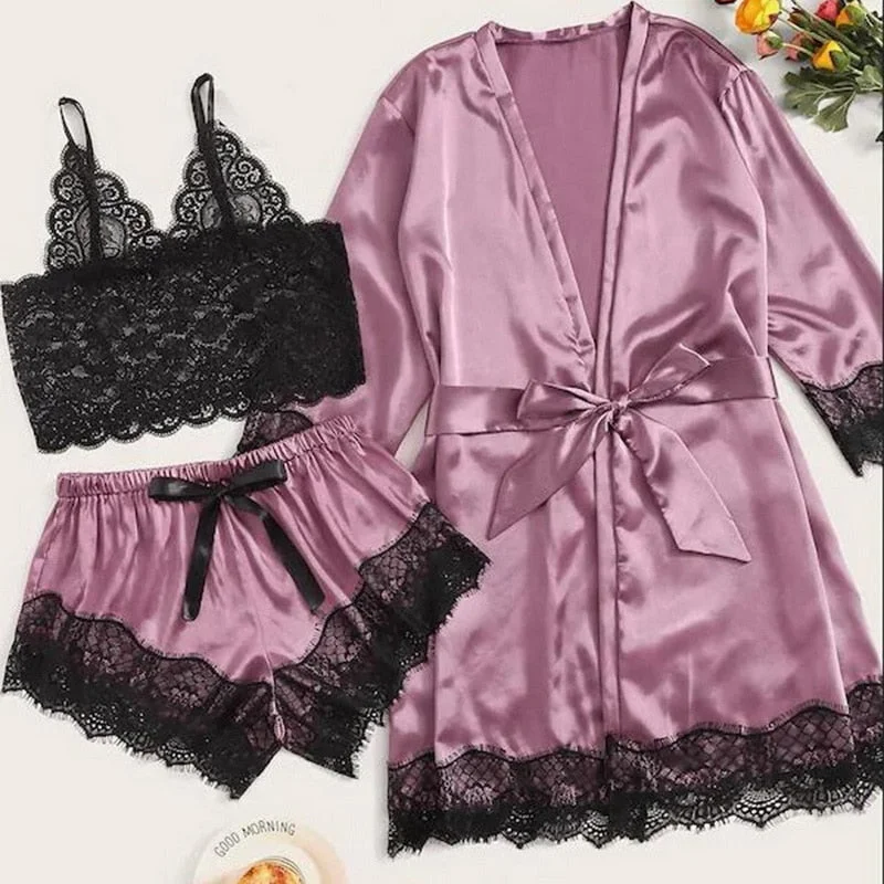 Comfortable women's robes with pockets-Lace Bralette with Bathrobe