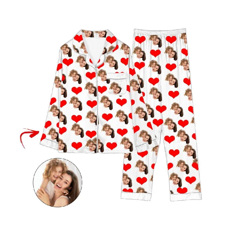 Cute matching mother and kid same suit for photos-Custom Photo Satin Pajamas Heart Happy Mother's Day White