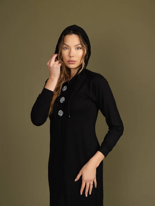 Women's robes for a relaxing spa-like feel-Button Design Morning Robe with Covered Zipper - B/W