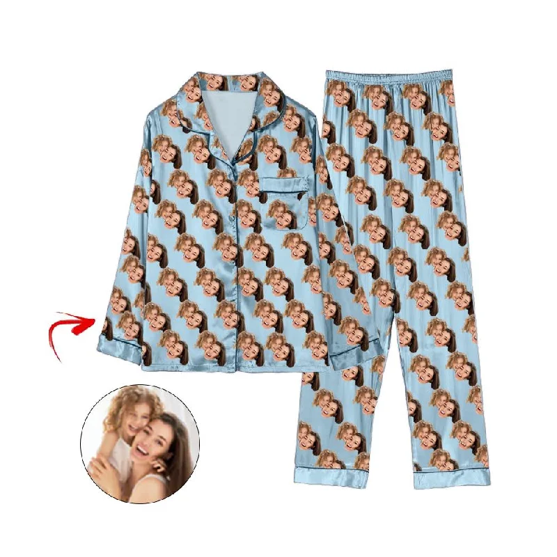 Matching mother and kid same suit for indoor fun-Custom Photo Satin Pajamas Happy Mother's Day Light Blue Matching mother and kid same suit for indoor fun-Custom Photo Satin Pajamas Happy Mother's Day Light Blue