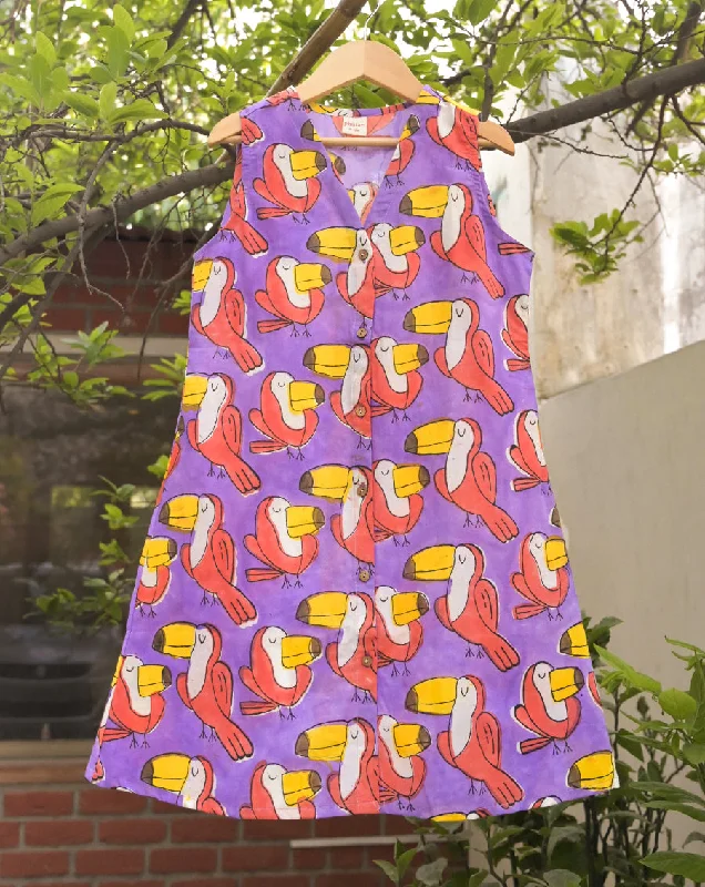 Fashionable matching mother and kid same suit for fun days-Toucan Purple Cotton Dress for Girls