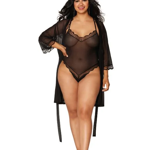 Trendy women's robes for home wear-Stretch mesh teddy and robe set