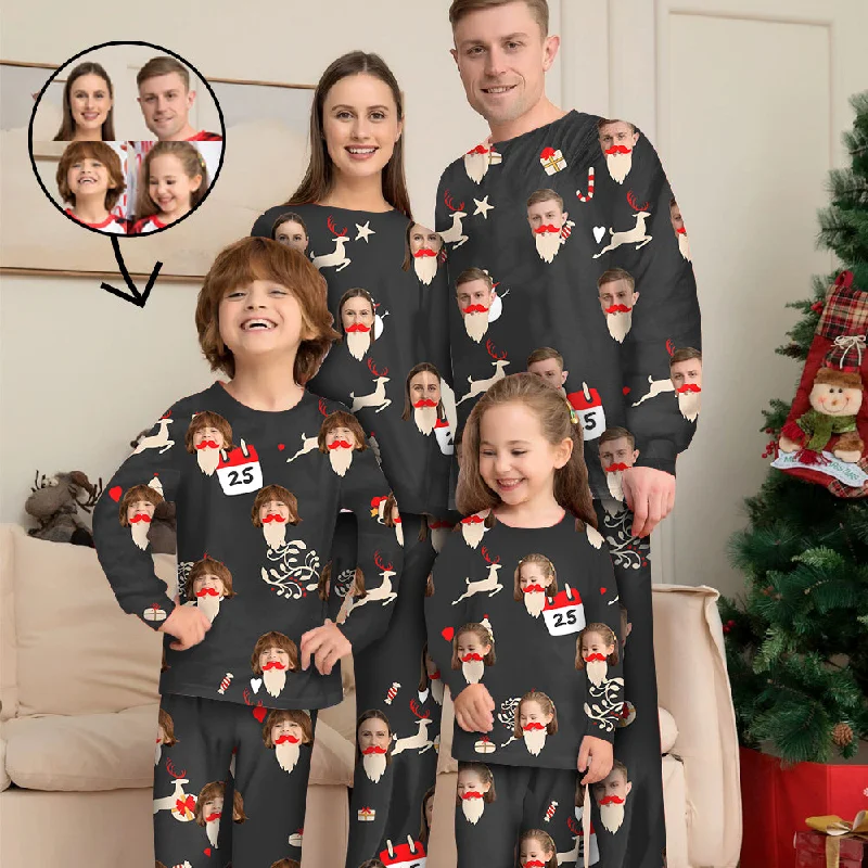 Stylish mother and kid same suit for vacations-Custom Photo Pajamas Family Matching Set Christmas Matching Sleepwear Personalized Pajamas Reindeer And Candy