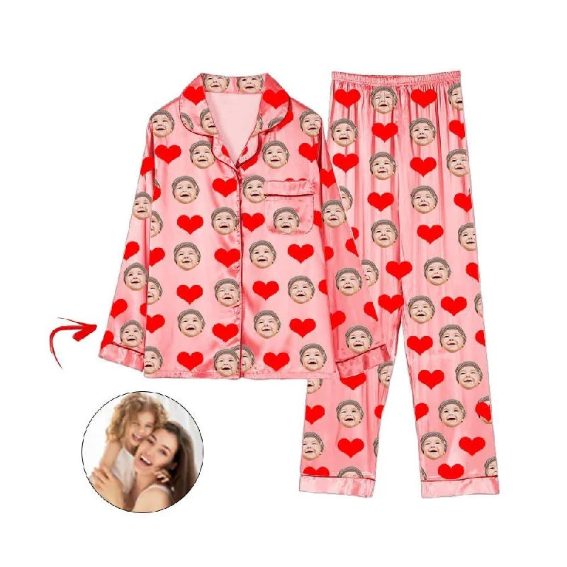Comfortable matching mother and kid same suit for relaxation-Custom Photo Satin Pajamas Heart I Love My Baby Champagne