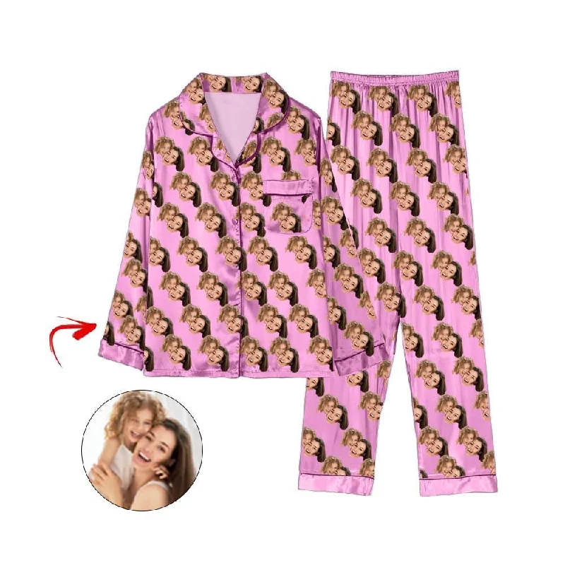 Comfortable mother and kid same suit for active kids-Custom Photo Satin Pajamas Happy Mother's Day Pink Comfortable mother and kid same suit for active kids-Custom Photo Satin Pajamas Happy Mother's Day Pink