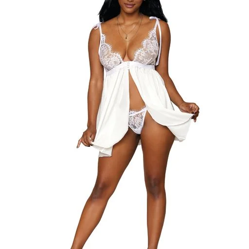 Trendy women's sexy nightwear for cozy comfort-Satin and eyelash lace babydoll and matching G-string set