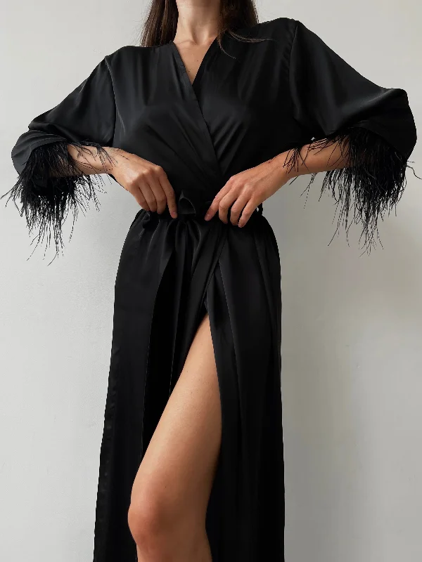 Cozy cotton women's robes for year-round comfort-Long silky robe with feather sleeves