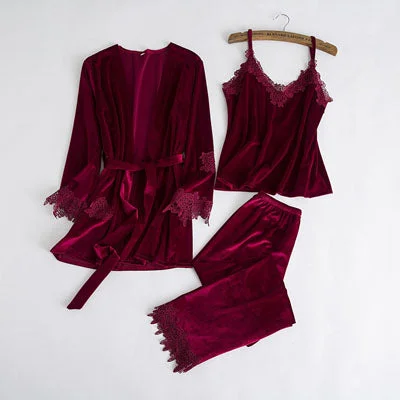 Comfortable women's robes for lounging around-Lace Hem Velvet pajama set