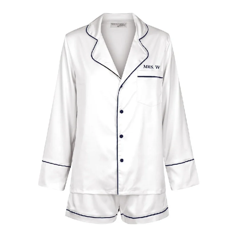 Fashionable mother and kid same suit for festivals-Satin Personalised Pyjama Set - Long Sleeve White/Navy (Faulty/Final Sale) Fashionable mother and kid same suit for festivals-Satin Personalised Pyjama Set - Long Sleeve White/Navy (Faulty/Final Sale)