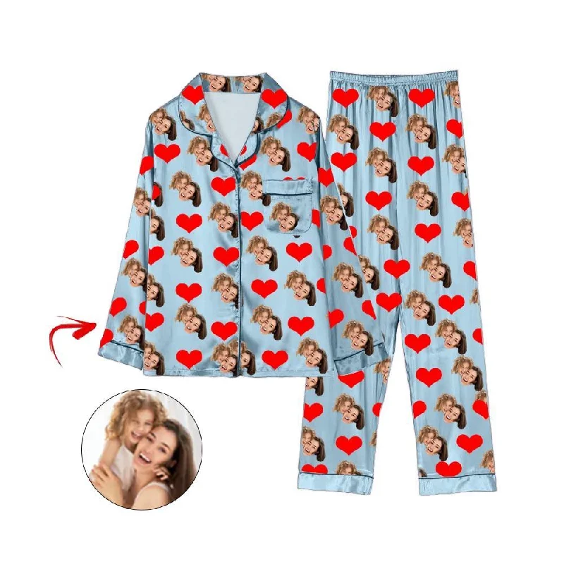 Elegant mother and kid same suit for special moments-Custom Photo Satin Pajamas Heart Happy Mother's Day Light Blue
