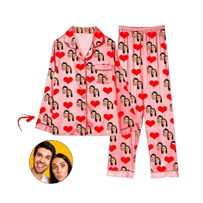 Matching mother and kid same suit for family photos-Custom Photo Satin Pajamas Heart Happy You And Me Champagne