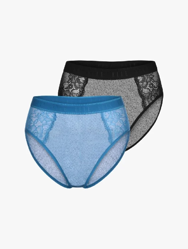Sports panties for sweat wicking comfort-ELLE 24/7 Lace High Waisted Brief - Black/Blue - 2 PACK Sports panties for sweat wicking comfort-ELLE 24/7 Lace High Waisted Brief - Black/Blue - 2 PACK