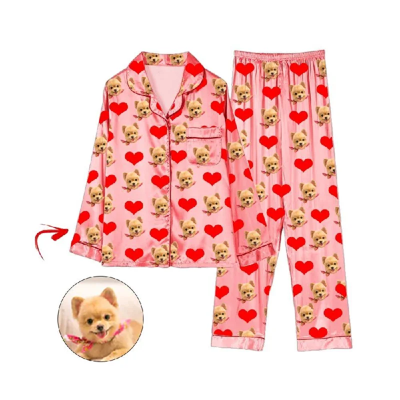 Casual matching mother and kid same suit for shopping trips-Custom Photo Satin Pajamas Heart I Love My Dog Champagne