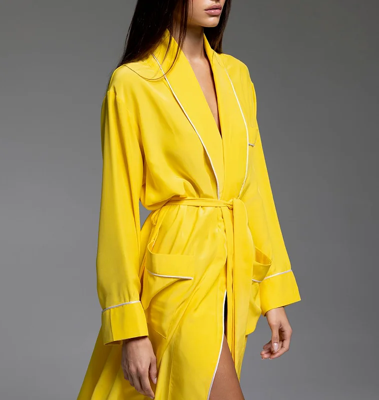 Soft women's robes with silky feel for bedtime-ROBE - Yellow with White Piping