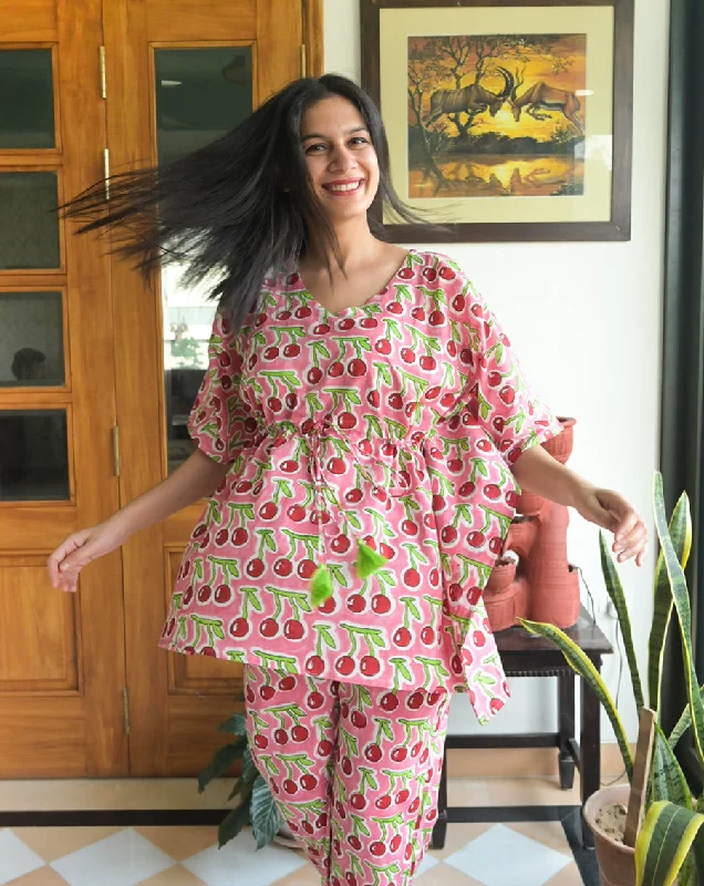 Soft fabric matching mother and kid same suit for comfort-Cherries Chill Jams - Kaftan Pyjama Cotton Co-ord Set