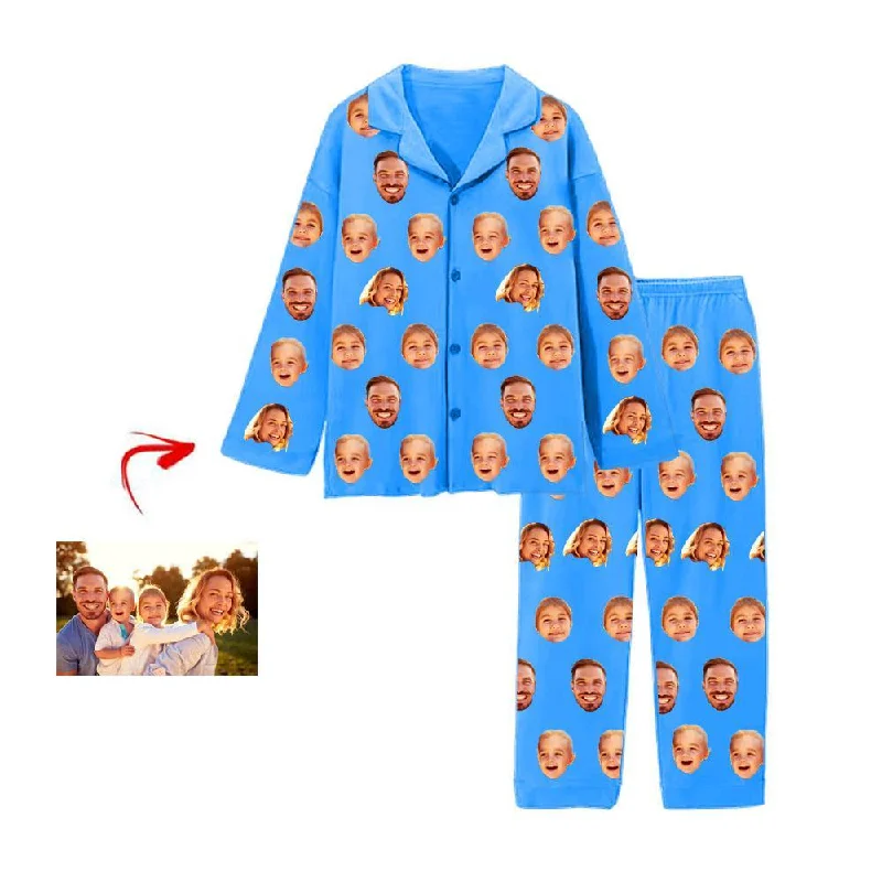Matching mother and kid same suit for summer vacations-Personalised Photo Pajamas Christmas Gift Blue Matching mother and kid same suit for summer vacations-Personalised Photo Pajamas Christmas Gift Blue