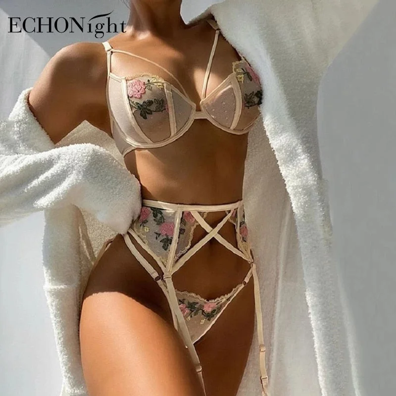Lingerie sets for evening wear-Echonight New Summer Fall Women's Sexy Lace Hollow out Wire Bra Thong Garters Suspender Three Piece Sets Nightwear Lingerie