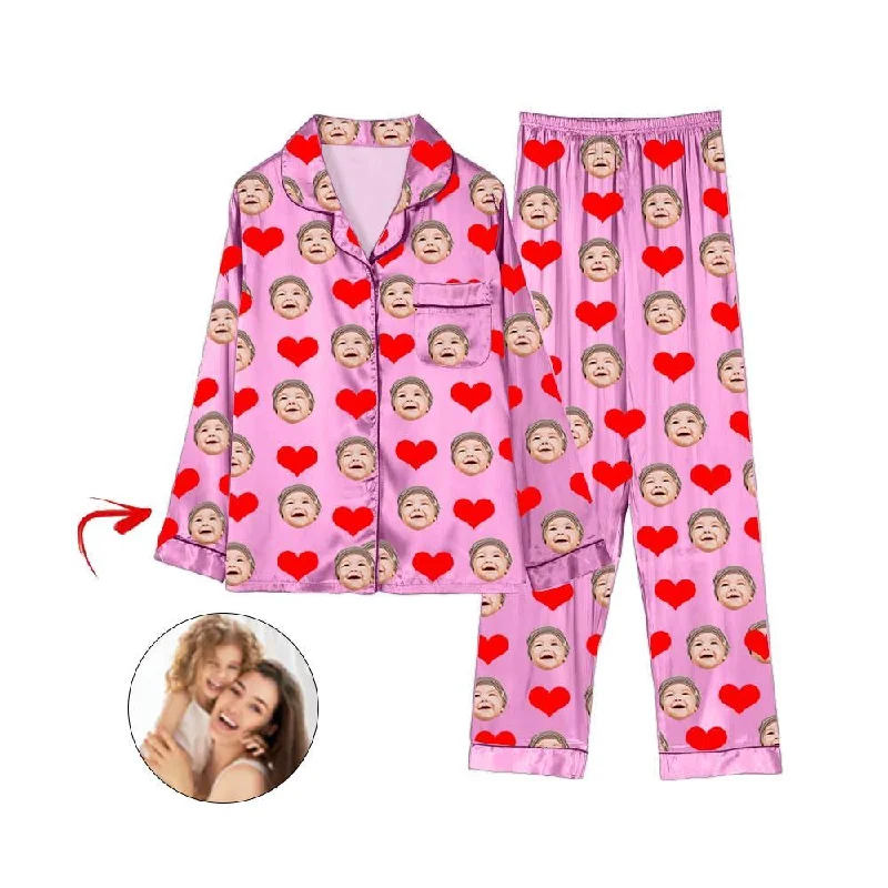 Stylish matching mother and kid same suit for outings-Custom Photo Satin Pajamas Heart I Love My Baby Pink