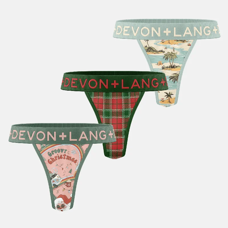 Women's panties for full-figured bodies-Bria V-Thong - Multi-Packs - Hippie Santa/Vintage Tartan/Island