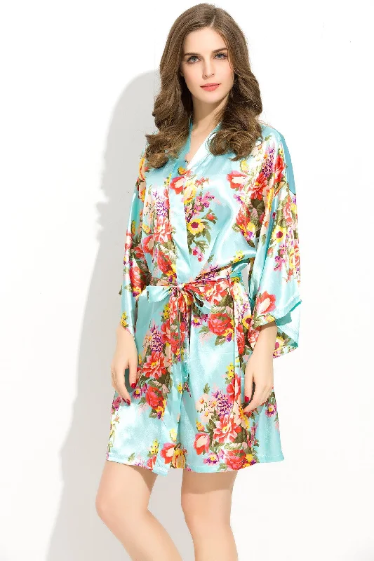 Women's robes for cozy nights at home-Mint-Blue Floral Bridesmaid Robes Kimono