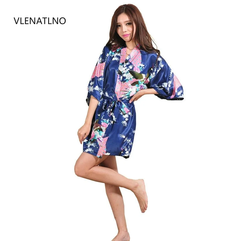 Women's robes with deep pockets for convenience-Silk Satin Wedding Bride Bridesmaid Robe Floral Bathrobe Short Kimono Robe Night Robe Bath Robe Fashion Dressing Gown For Women